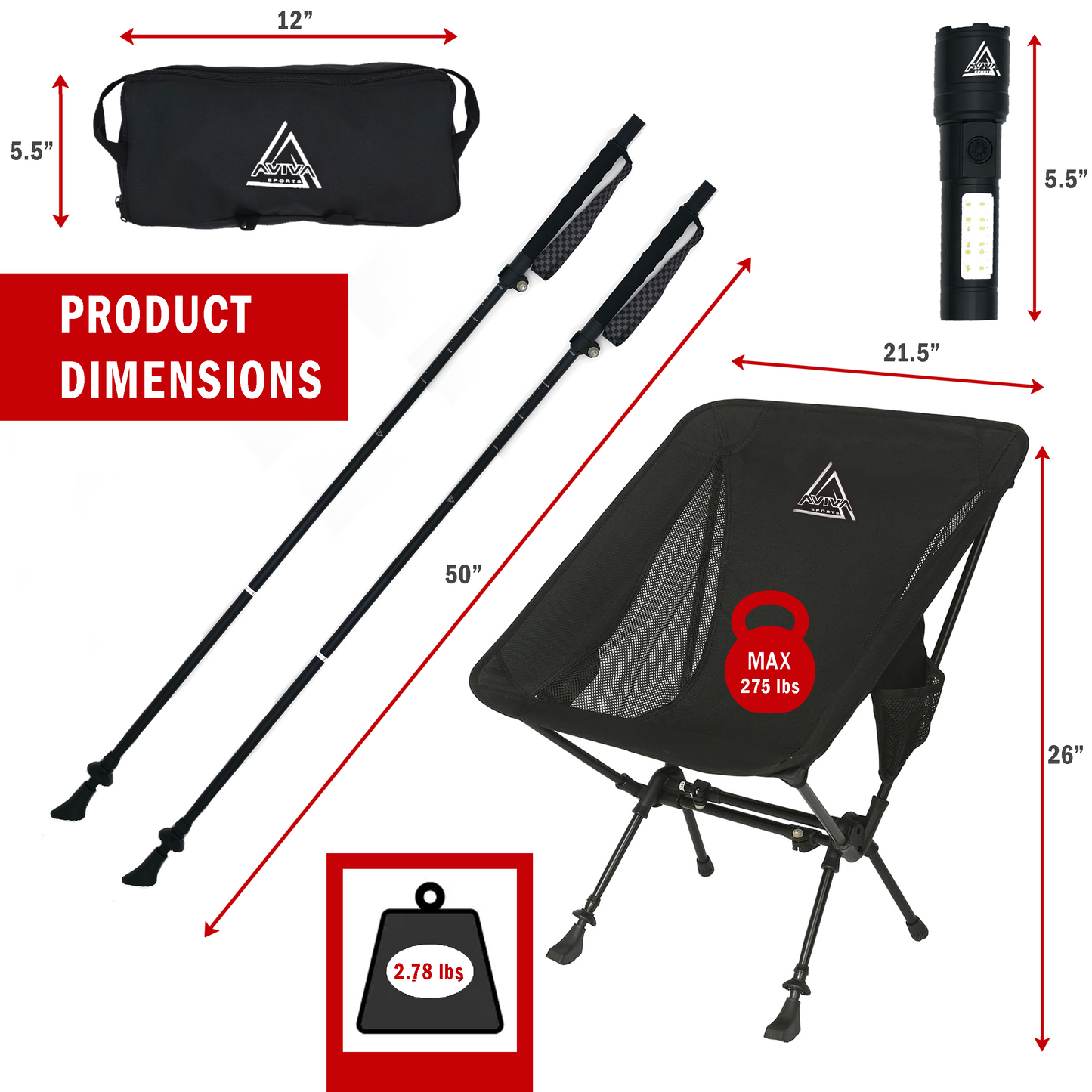 3-in-1 Trekking Poles with Chair & Flashlight